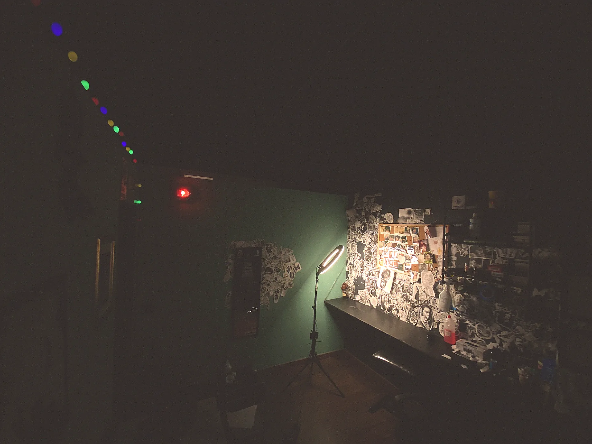 Sala tatuaggi con parete verde e ring light